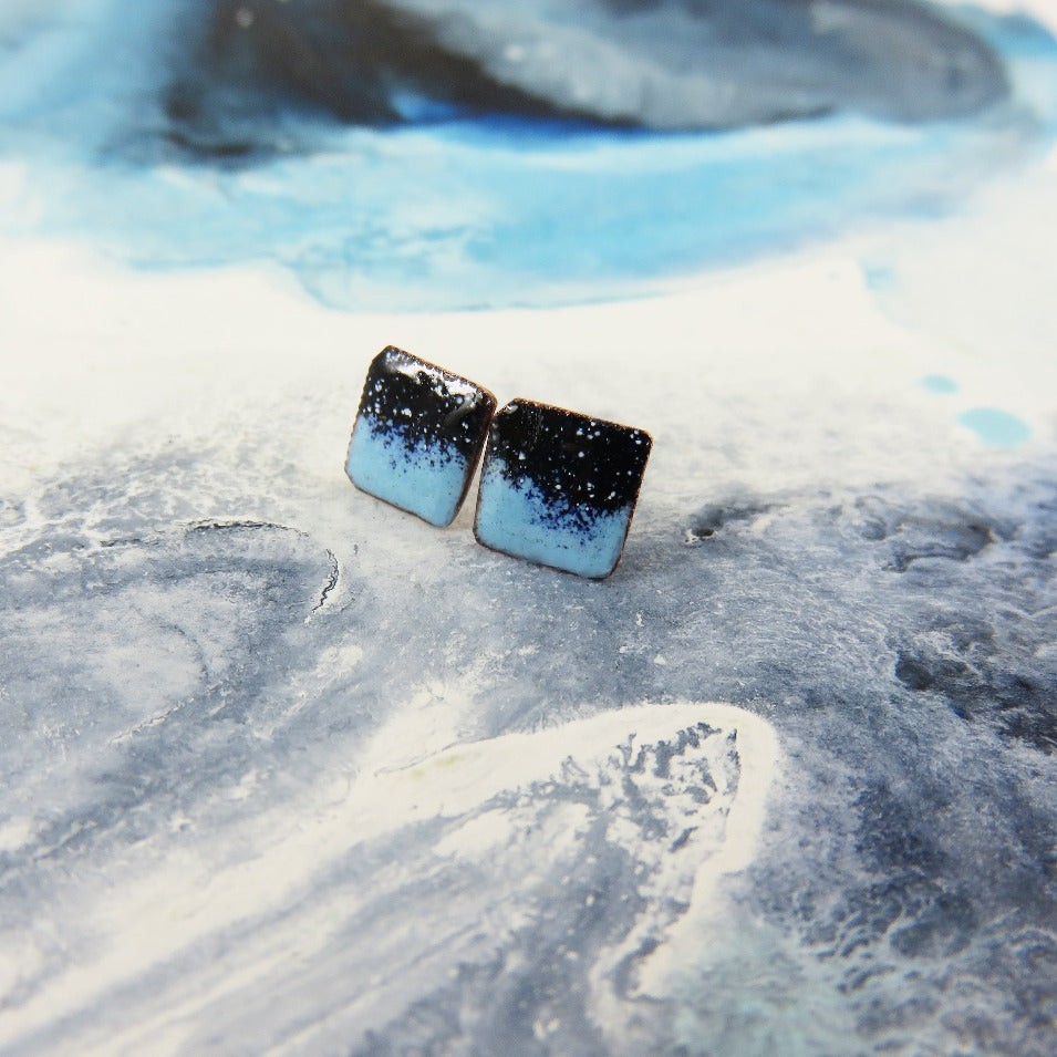 Square Glossy Blue and Black Enamel on Copper Studs