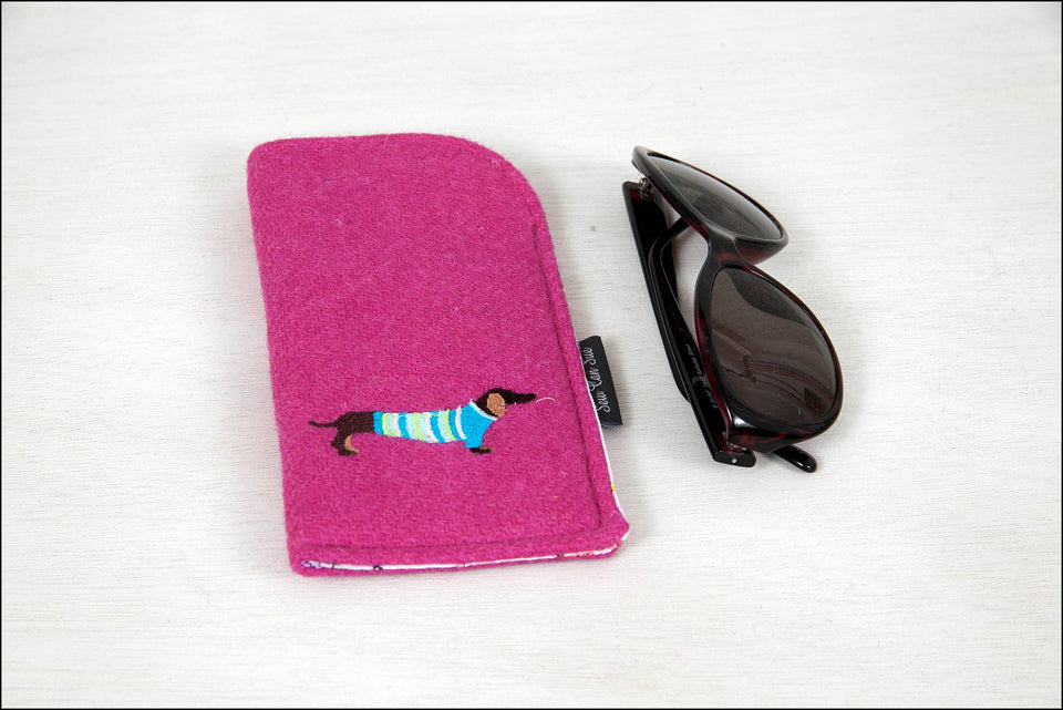 Dachshund Embroidered Glasses Case - Harris Tweed