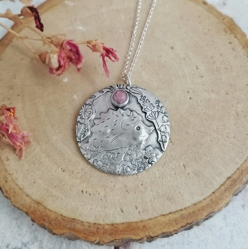 British Wildlife Collection - Hedgehog and Rhodochrosite Necklace - recycled sterling silver