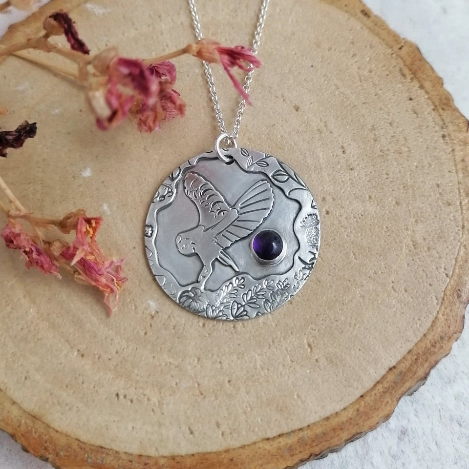 Owl and Dark Amethyst Necklace - recycled sterling silver - British Wildlife Collection